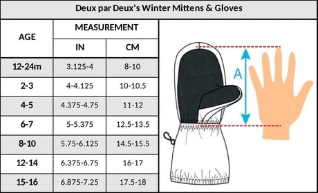 Deux par Deux winter mittens and gloves size chart by age with hand measurements