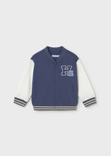 Mayoral baby boy Navy varsity bomber jacket with contrast sleeves, rib trim, and front patch.