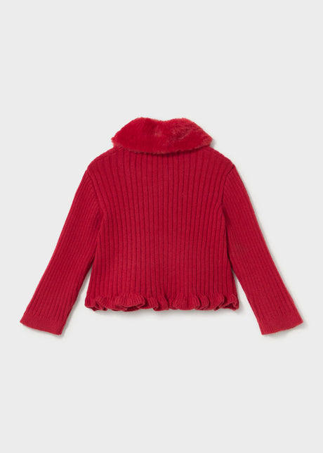 Mayoral baby cardigan with faux fur collar in Red, sizes 6M-4Y – product view 2