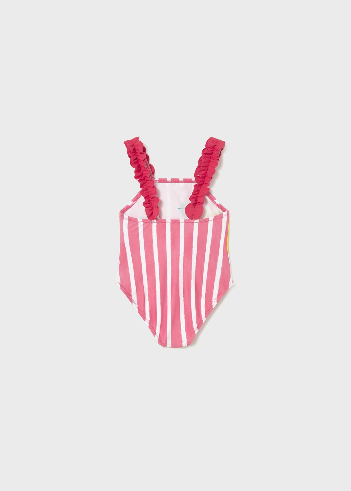 Back view of Mayoral baby girl Pink striped one-piece swimsuit with ruffled straps.