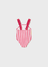 Back view of Mayoral baby girl Pink striped one-piece swimsuit with ruffled straps.