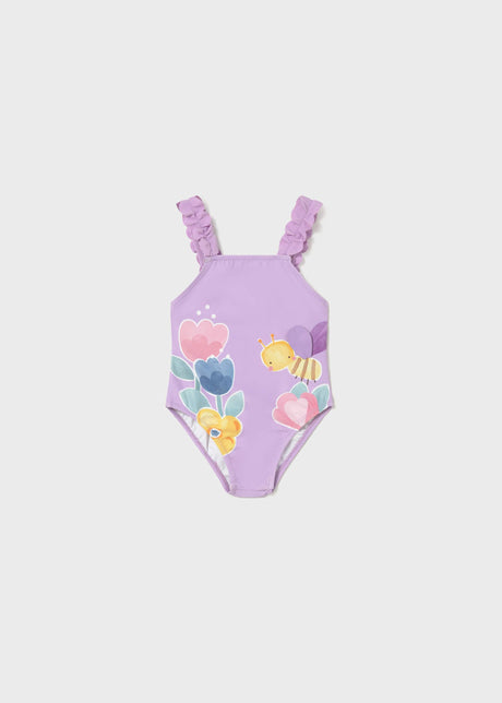 Mayoral baby girl Lilac graphic one-piece swimsuit with ruffled straps and colorful front print.