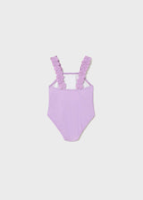Back view of Mayoral baby girl Lilac one-piece swimsuit with stretch swim fabric.