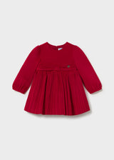 Red pleated long-sleeve dress with bow at the waist, Mayoral baby girl