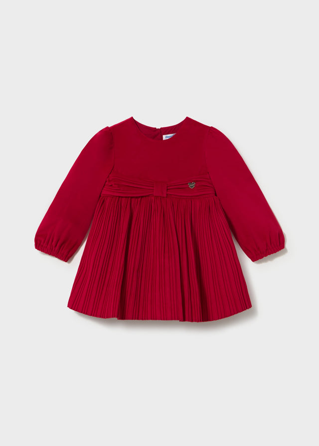 Red pleated long-sleeve dress with bow at the waist, Mayoral baby girl