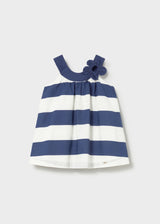 Mayoral baby girl Navy/White striped cotton dress with shoulder straps and flower detail.