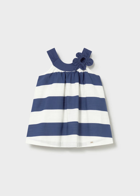 Mayoral baby girl Navy/White striped cotton dress with shoulder straps and flower detail.