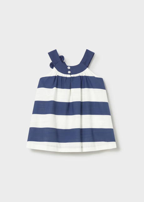 Back view of Mayoral baby girl striped dress with button closure and cotton lining.