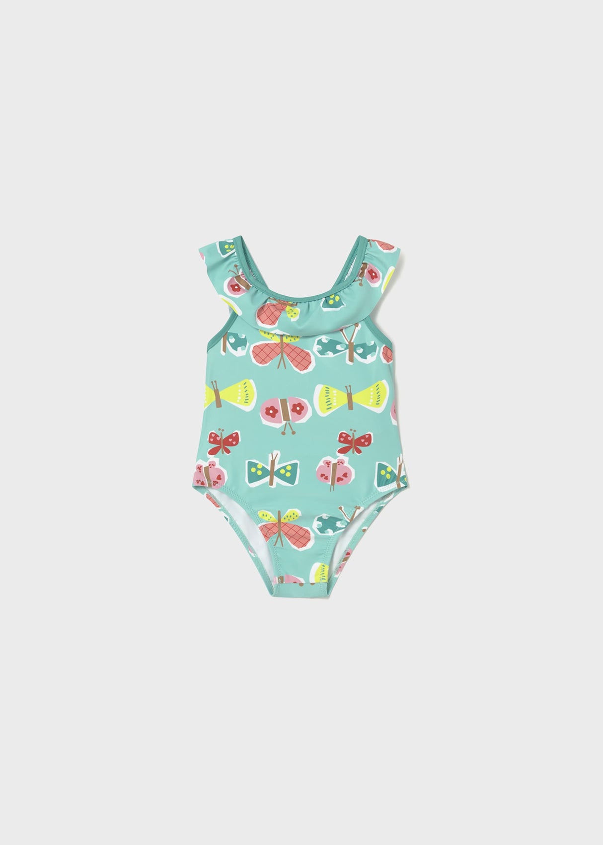 Mayoral baby girl UPF 40+ Aqua printed one-piece swimsuit with colorful fish graphics and ruffle detail.