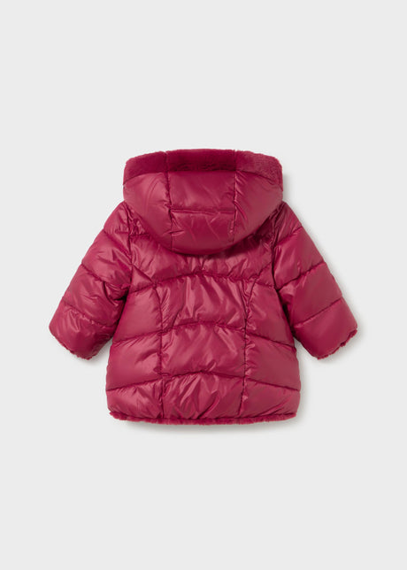 Back view of the quilted raspberry puffer jacket with hood