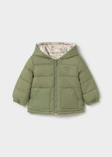 Mayoral baby boy reversible puffer jacket showing solid Olive Green side with hood and quilted puffer shape.