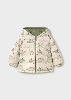 Mayoral baby boy reversible puffer jacket with Ivory dinosaur print side, hood, zipper, and warm padded design.