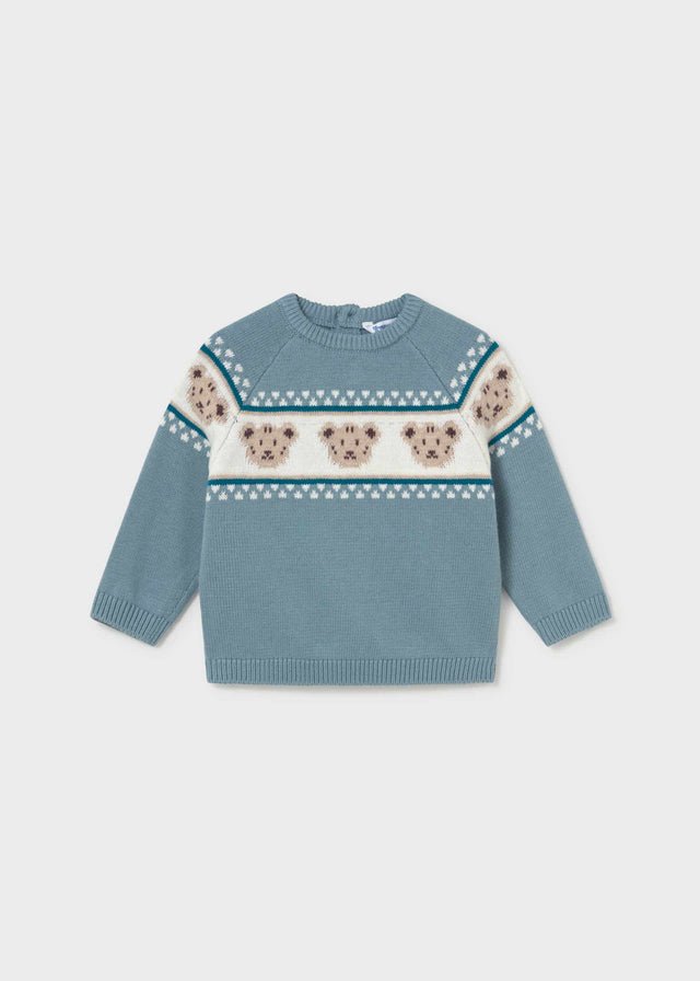 Front view of the dusty blue Mayoral baby boy sweater with a cream teddy bear jacquard band