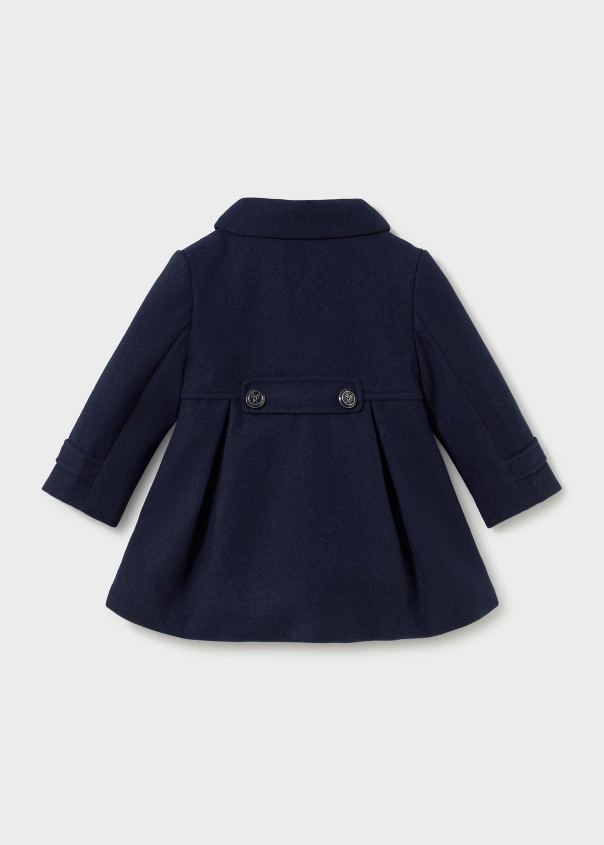 Back of the navy coat with two buttons on a waist tab and a box pleat