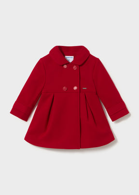 Red double-breasted coat with round collar and flared pleated shape, Mayoral baby girl