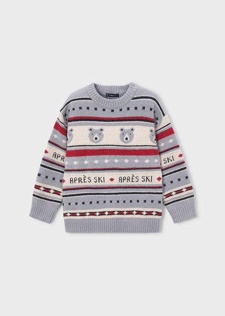 Mayoral boys jacquard sweater in Gray with ski pattern, polar bear artwork, and Après Ski lettering.