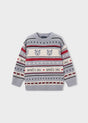 Mayoral boys jacquard sweater in Gray with ski pattern, polar bear artwork, and Après Ski lettering.