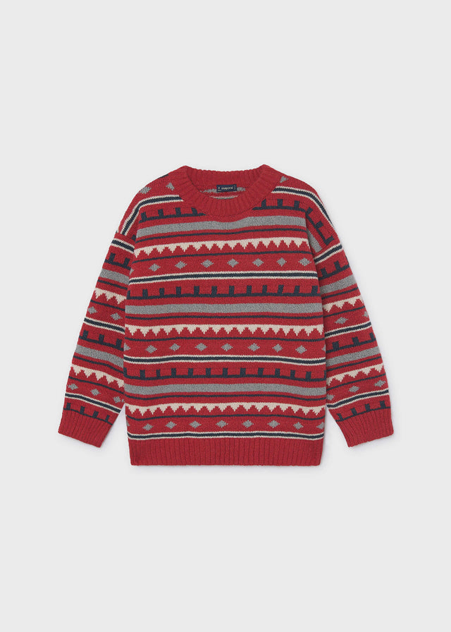 Red jacquard knit sweater with grey, cream and navy geometric stripes, Mayoral boys