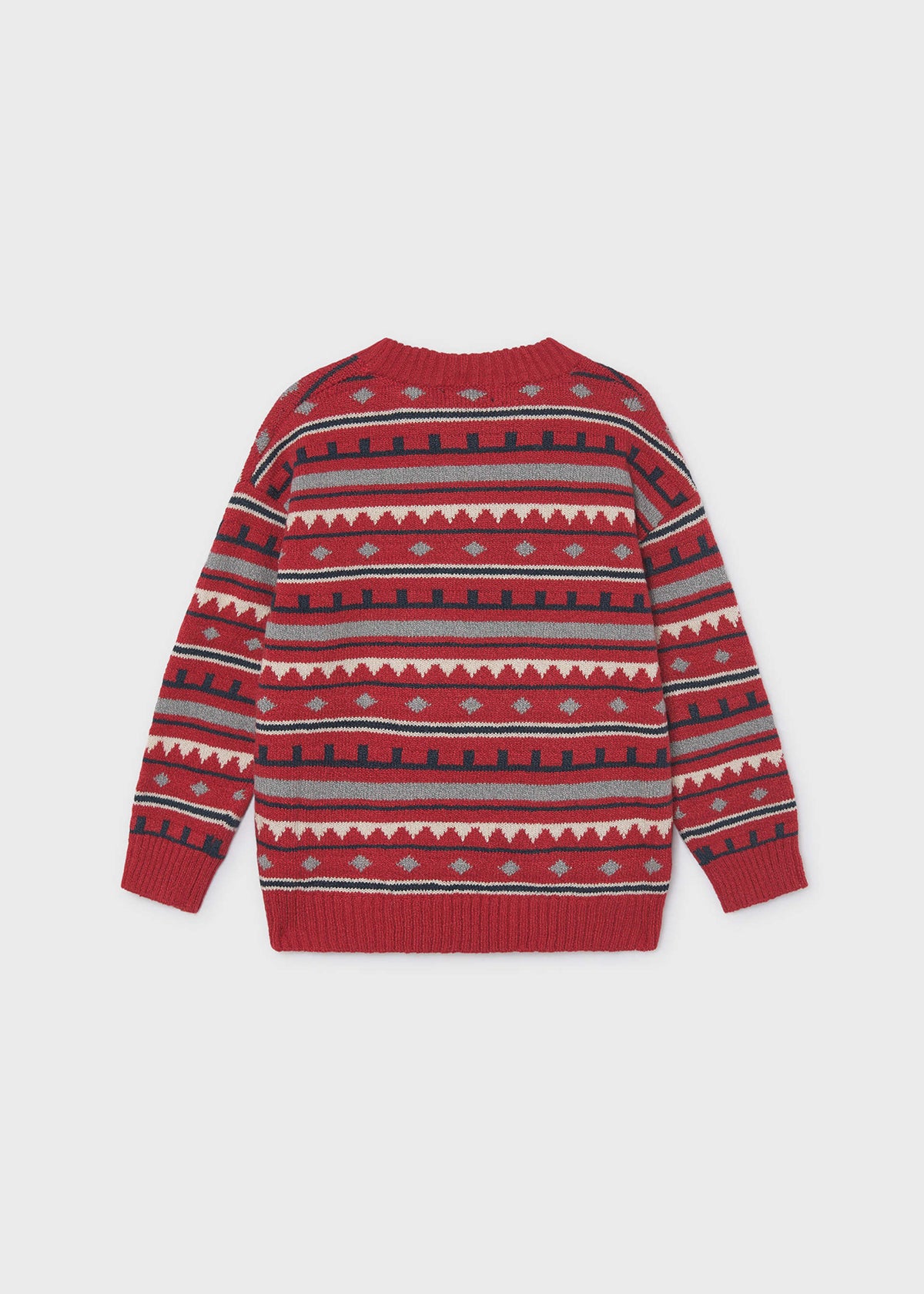 Back of the red jacquard sweater with grey, cream and navy stripes