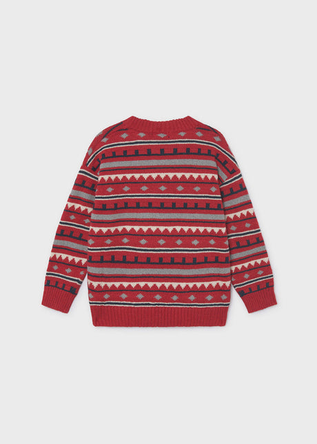 Back of the red jacquard pullover with grey, cream and navy stripes