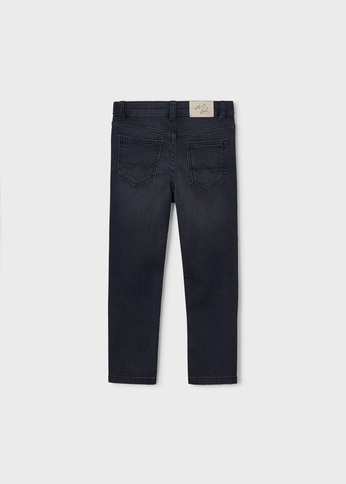 Back of the black Mayoral jeans with two back pockets and brand patch