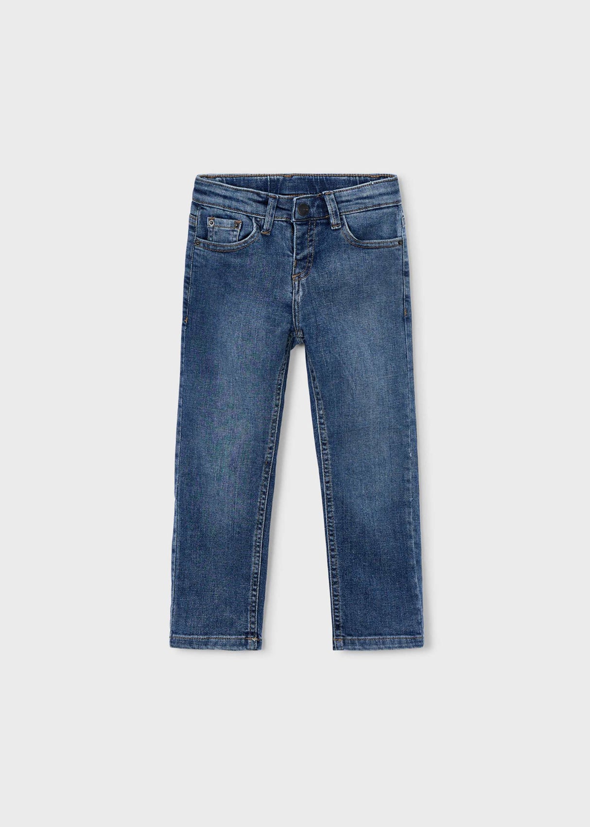 Mayoral boys Blue regular fit jeans with classic pockets and cotton stretch denim.