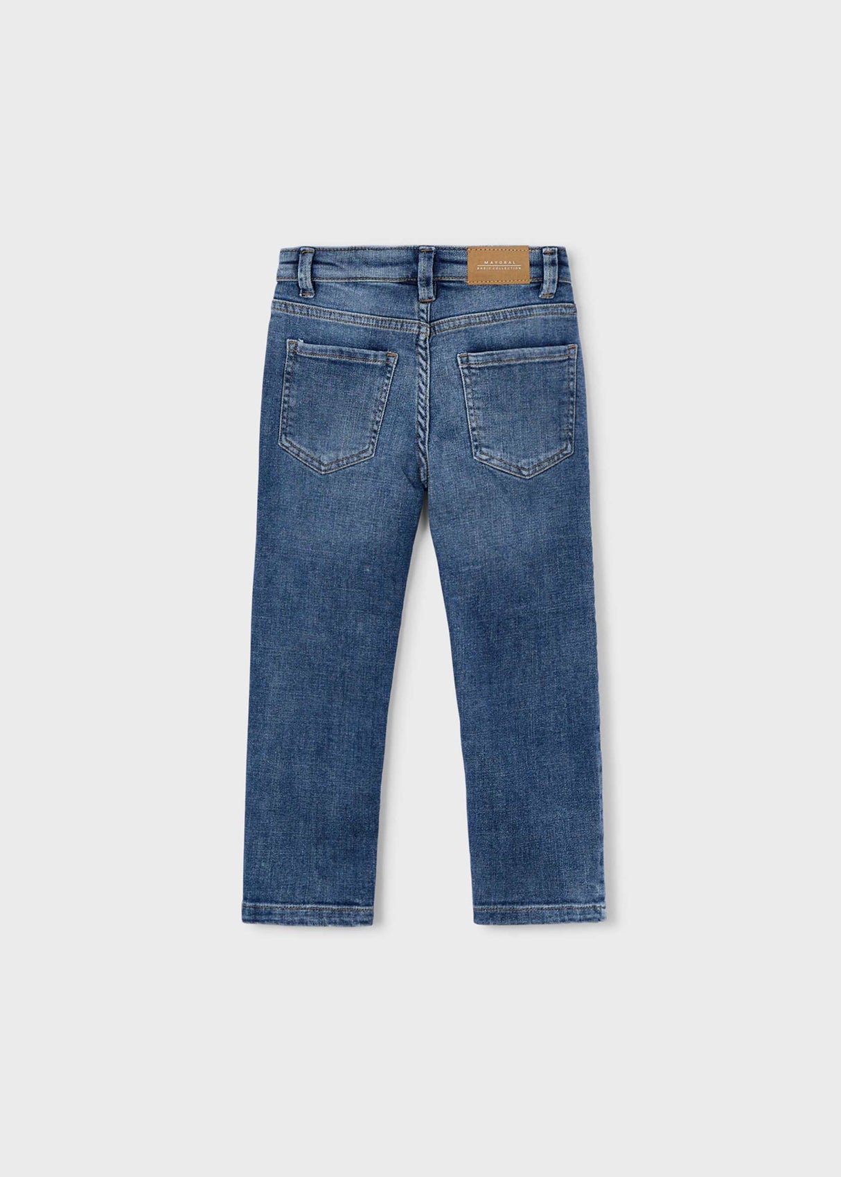 Back view of Mayoral boys Blue regular fit jeans with classic denim pockets.