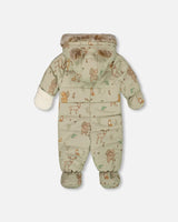 Back view of the green animal snowsuit showing quilting and zipper closure