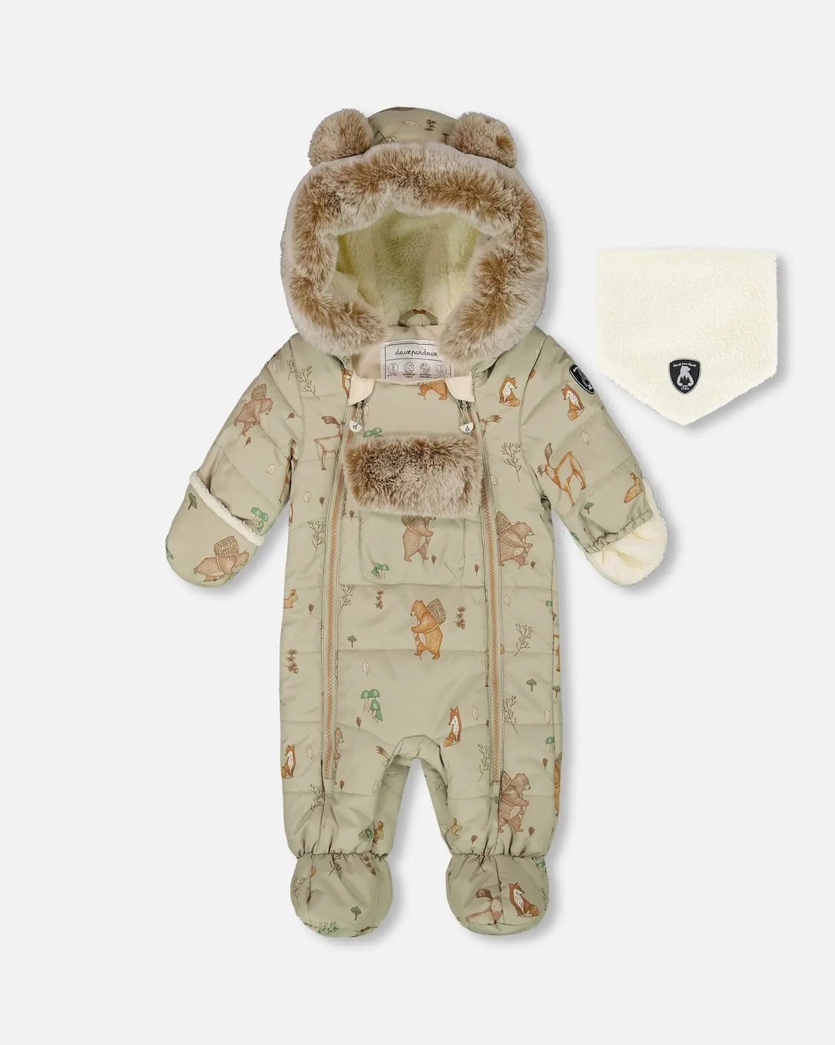 Flat lay front view of the Deux par Deux Baby Layette Snowsuit in green animal print with sherpa hood