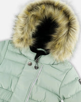 Close-up faux fur hood and fleece lining sage green baby snowsuit