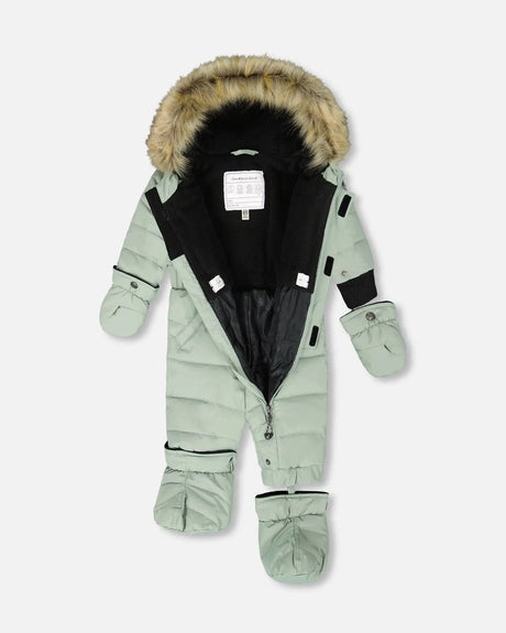 Gray-green one-piece baby snowsuit with detachable mitts and boots