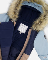 Taupe Baby Play snowsuit with accessories and fleece neckwarmer