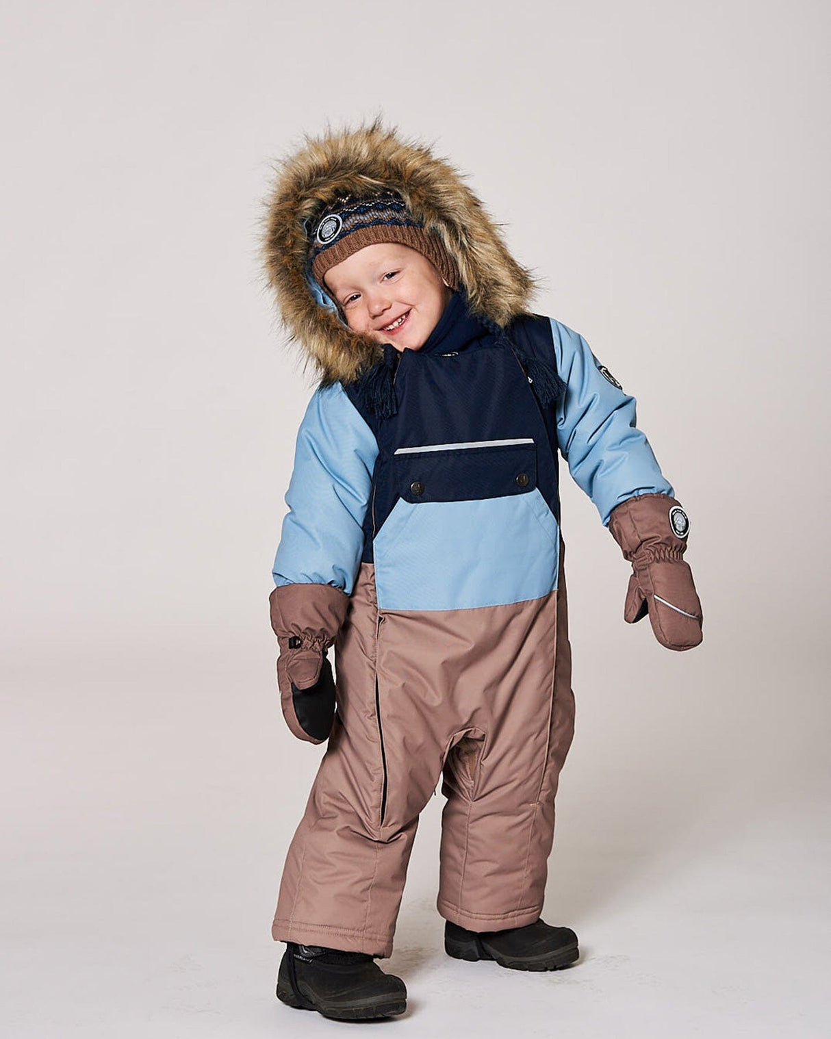 Side view of Baby Play Snowsuit in taupe with mittens