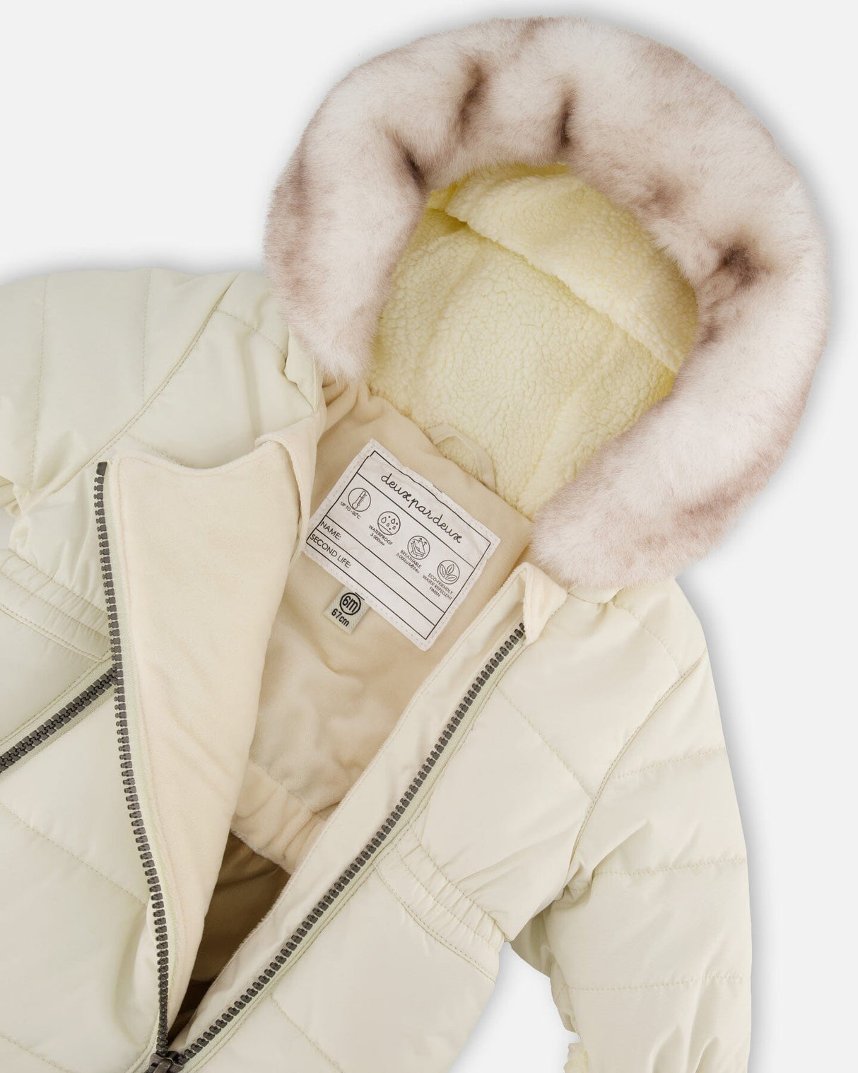 Close-up of the sherpa-lined hood, chin guard, and velour body lining of the White Asparagus snowsuit.