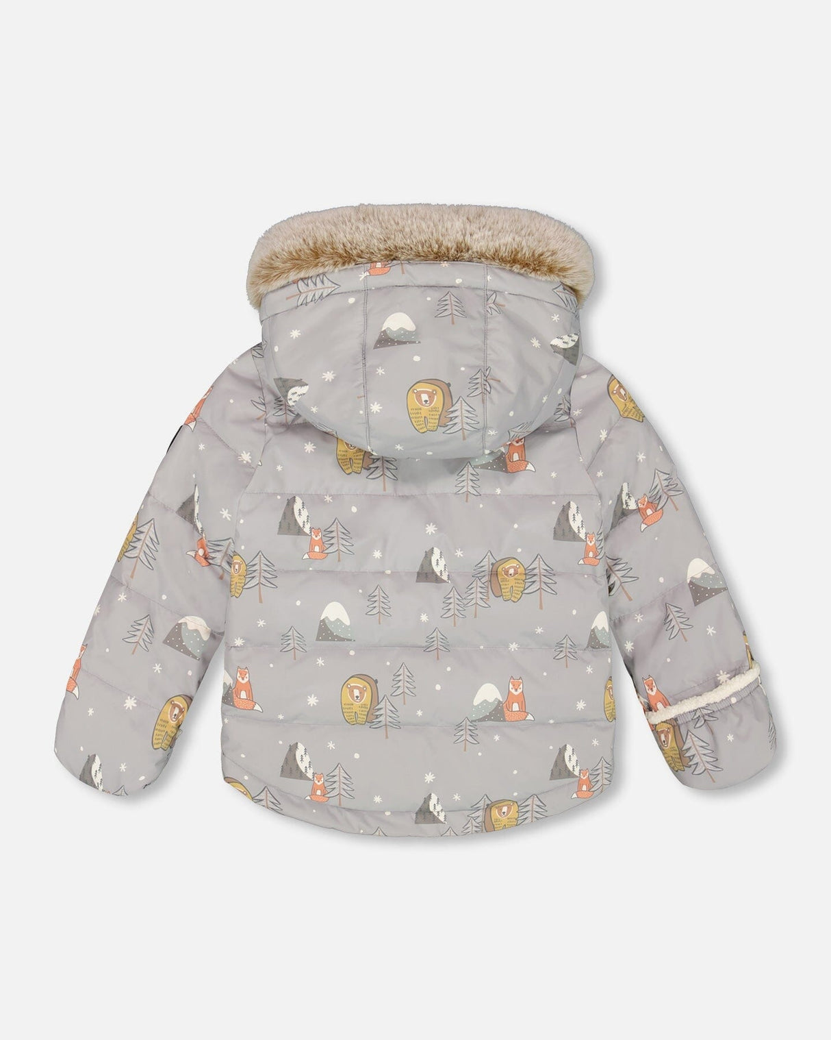 Back view of the gray Baby Snug snowsuit set laid flat