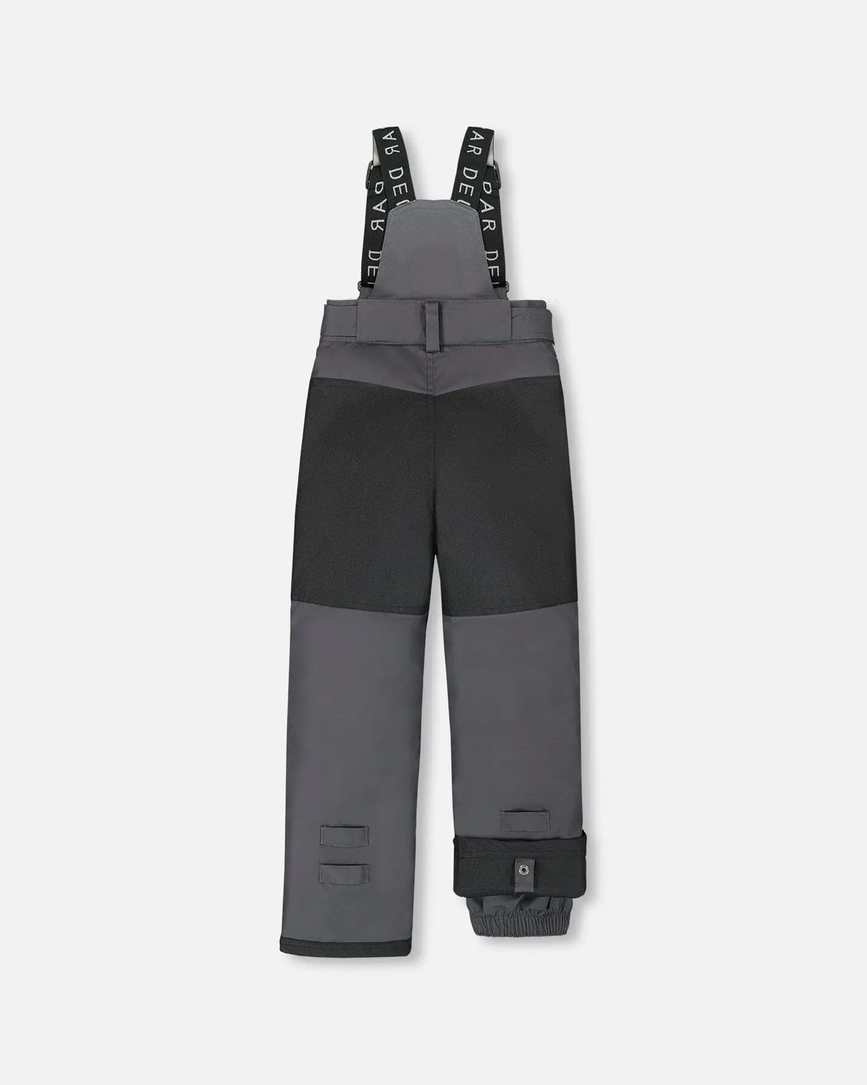 Rear view of dark gray kids snow pants with suspenders