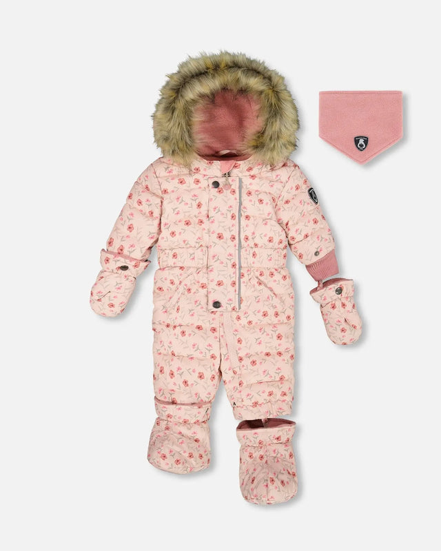 Deux Par Deux One-Piece Baby Original Puffy Snowsuit Pink Mini Flowers with mitts and boots
