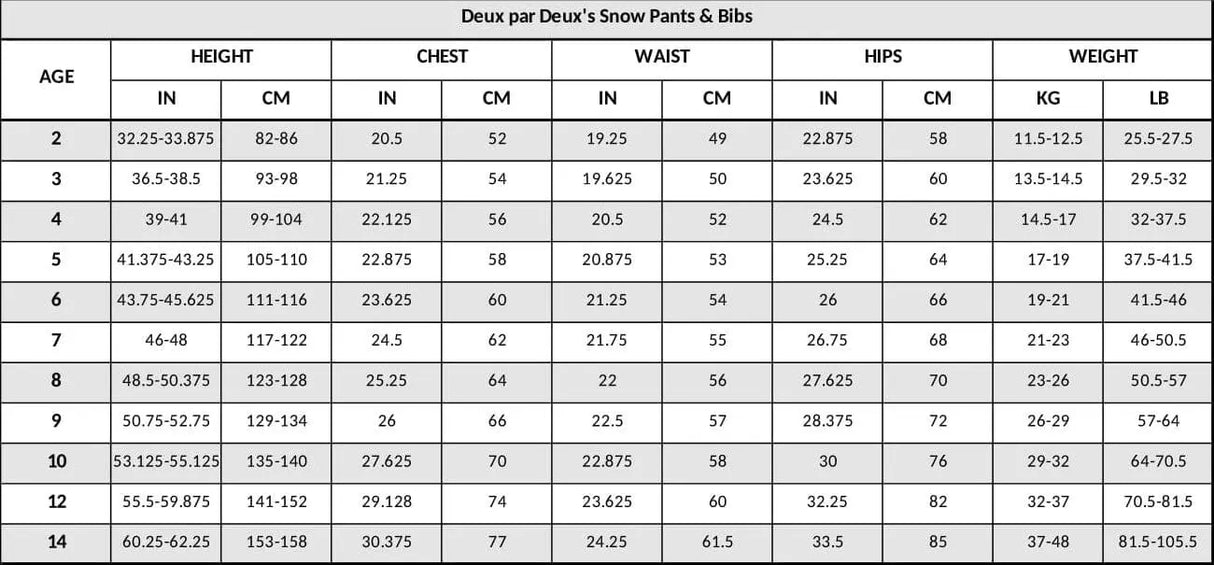 Deux Par Deux snow pants size chart dark gray