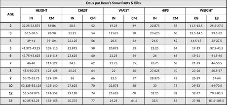 Deux Par Deux snow pants size chart dark gray