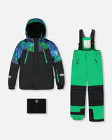 Deux Par Deux Two-Piece Play Snowsuit Colorblocked Green set flat lay, waterproof to −30°C