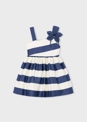 Mayoral girls Navy/Ivory striped asymmetric dress with floral applique and gathered skirt.