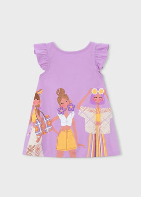 Mayoral girls Lilac knit dress with ruffle sleeves and colorful front graphic print.