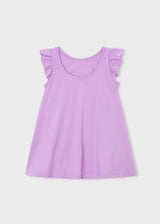 Back view of Mayoral Lilac girls dress with simple sleeveless shape and ruffle details.
