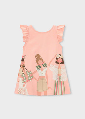 Mayoral girls knit dress in Mandarin Orange with ruffle sleeves and front graphic print