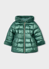 Metallic green hooded puffer jacket with faux fur trim and gold zip, Mayoral girls