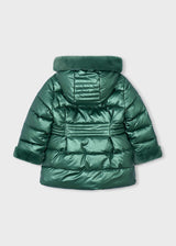 Back view of the metallic green puffer jacket laid flat, with faux fur hood collar, fur cuffs and gathered quilted waist