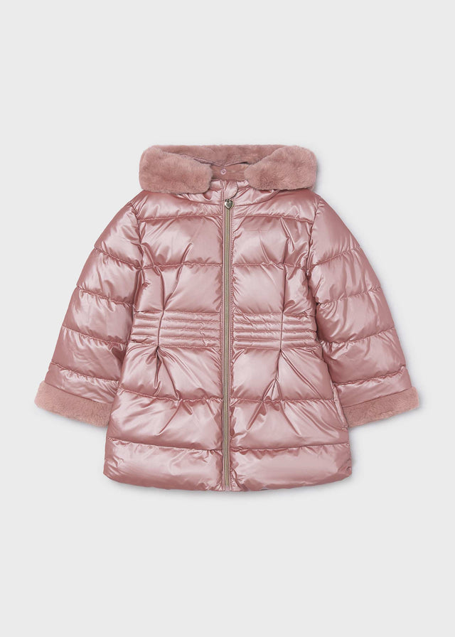 Mayoral girls metallic pink puffer jacket with faux fur hood trim, faux fur cuffs and gold-tone zipper, front view