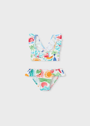 Mayoral girls White/Multi ruffled two-piece bikini with colorful summer print.