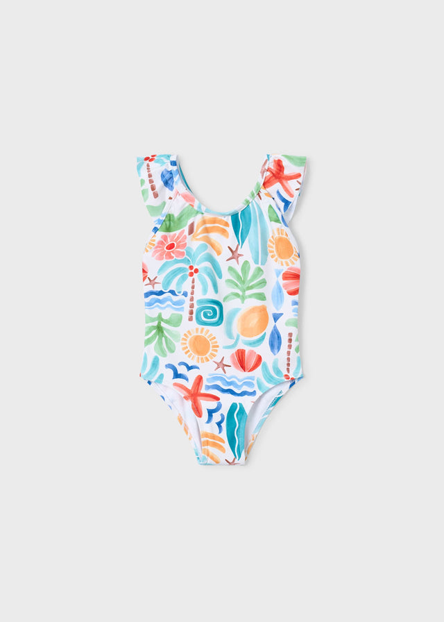 Mayoral girls Ivory/Multicolor one-piece swimsuit with ruffled shoulders and playful summer print.