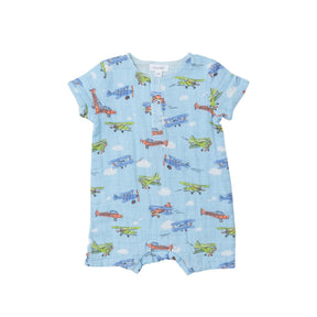 Front view of Angel Dear Vintage Planes Henley shortall with airplane print